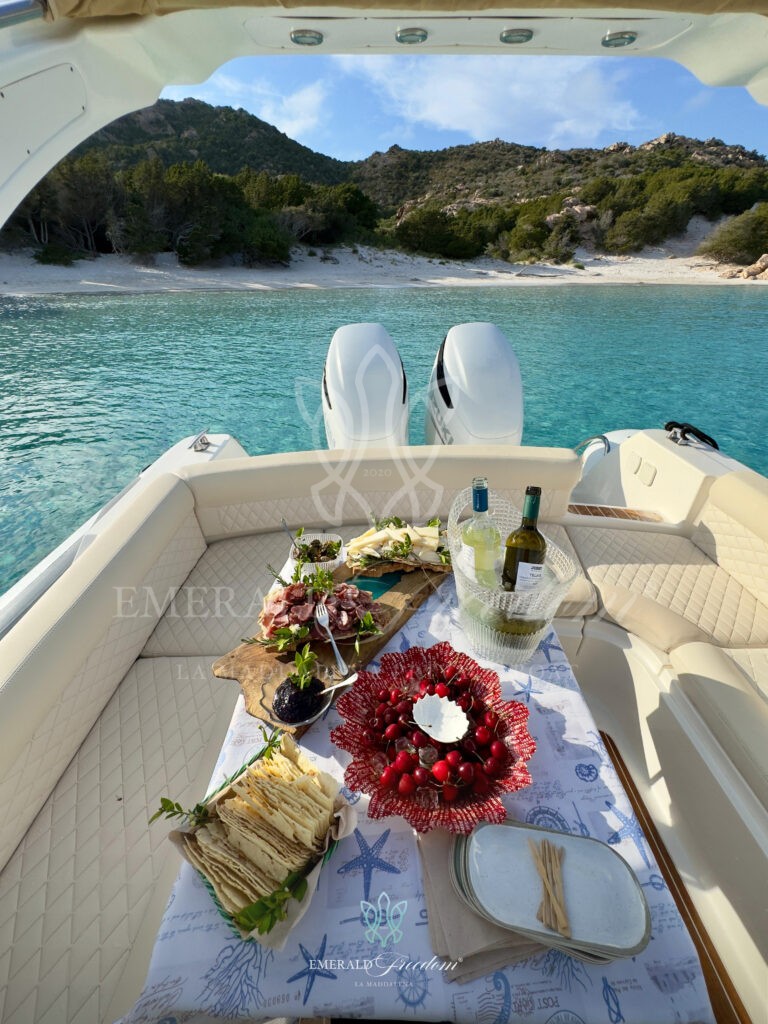 Aperitif on a boat during a La Maddalena Archipelago private boat tour with skipper.